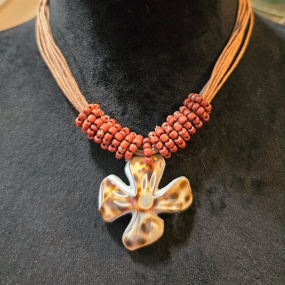 Women Fashion Orange Flowers & Plants Beaded Pendants Necklace with Button Clasp - Picture 1 of 6